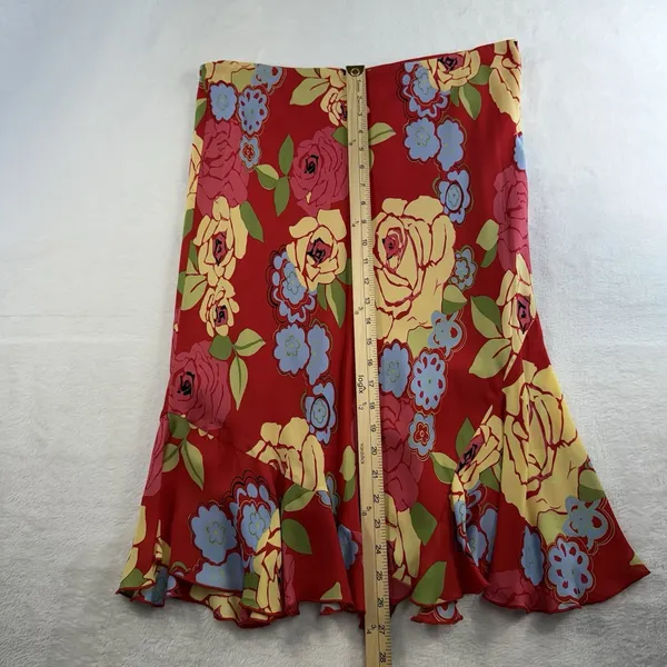 Vtg Harold’s Sz 14 Silk Skirt‎ Red Floral Ruffle Hem Pull On Bias Romantic Flowy - Image 8