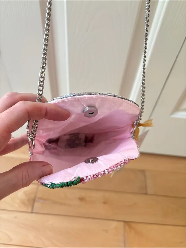 Made in India Beaded Pink and Silver Strawberry Milkshake Crossbody Bag - Image 6