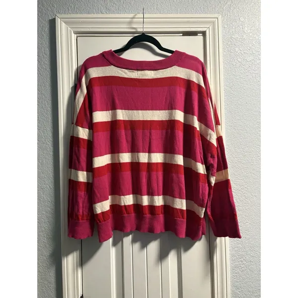 Band of Gypsies Sweater Womens Large Pink Red Striped Cotton Crew Neck Relaxed - Image 5