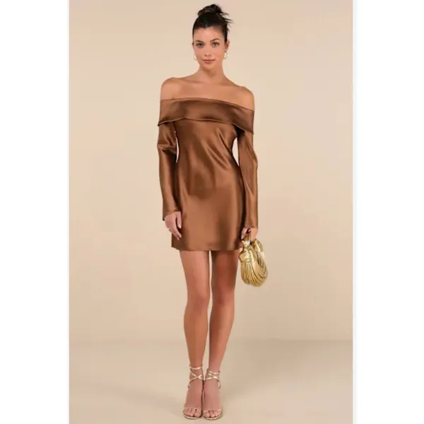 NWT Lulus Luxurious Vision Brown Satin Off-the-Shoulder Mini Dress Party Size L - Image 9