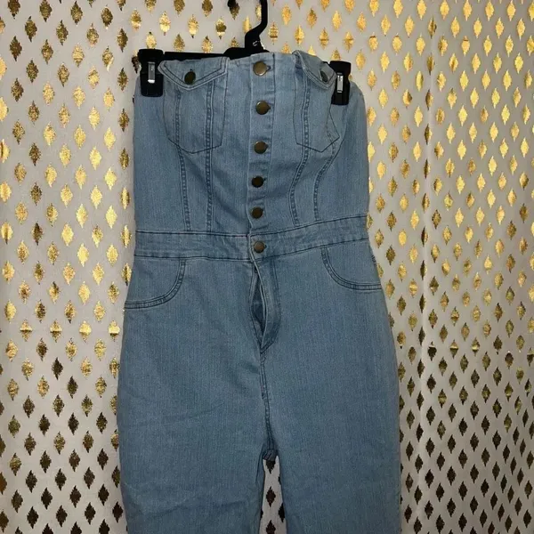 Blashe Denim jumpsuit romper broken zipper tube top skinny jeans size L - Image 2