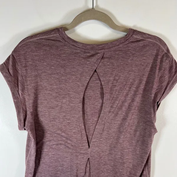 Lululemon‎ Open Back Split Hem Workout Top Heathered Plum Purple Short Sleeve - Image 5