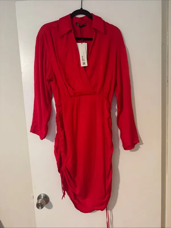 Zara Women’s Bright Red Long Sleeve Wrap-Style Mini Dress with Ruched Drawstring - Image 5