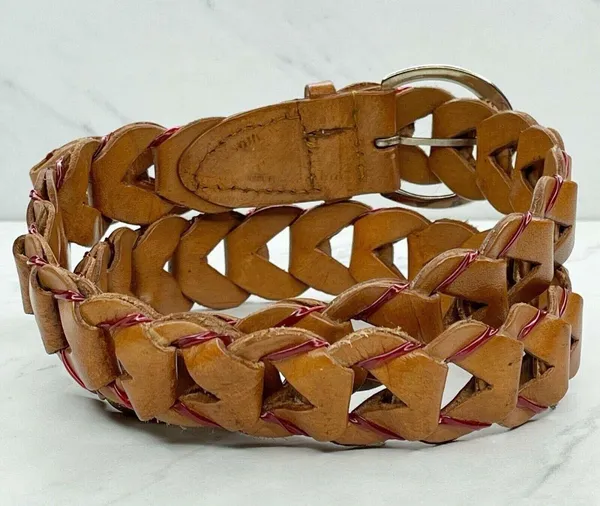 Brown Woven Leather Belt Red Laced Accents Silver Buckle Small/Medium (S/M) ✨ - Image 3