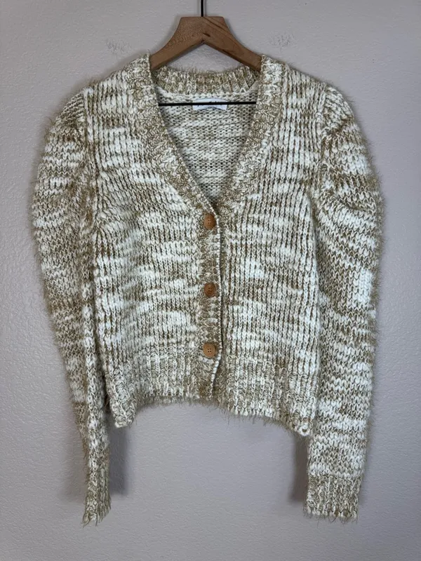 Jacquie The Label V Neck Puff Sleeve Fiora Cardigan Knit Sweater Small Tan Fawn - Image 5
