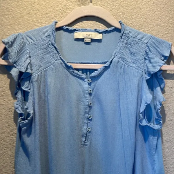 Ann Taylor LOFT Women’s Petite Ruffle Button Mixed Media Top PM Petite Medium - Image 3
