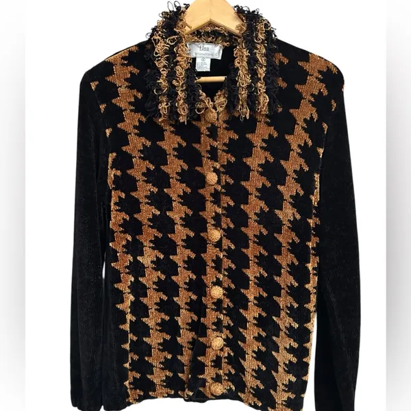 Lisa International Zip‎ Sweater Womens Gold Black Argyle Chenille Frilly 90s Y2K - Image 2