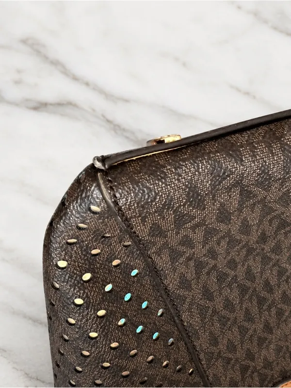 Michael Kors Tote East West Signature Jacquard Voyager Dark Brown Bag Purse - Image 5