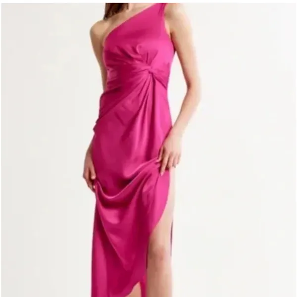 Abercrombie & Fitch One-Shoulder Satin pink Knotted Midi Dress Size XXS like new - Image 3