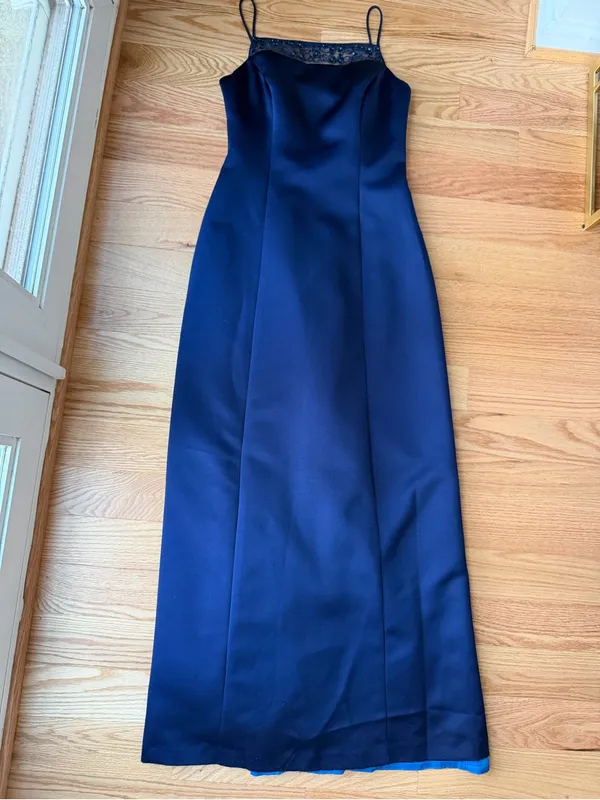 Vintage Y2K Alex Evenings Navy Satin Lace Sequin Open Back Maxi Dress Size 6 - Image 2