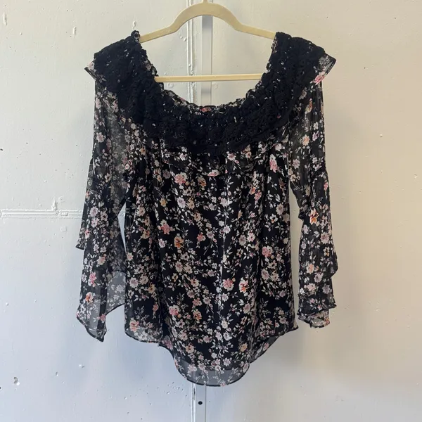 White House Black Market Floral Off Shoulder Lace Trim Bell Sleeve Blouse XL - Image 2