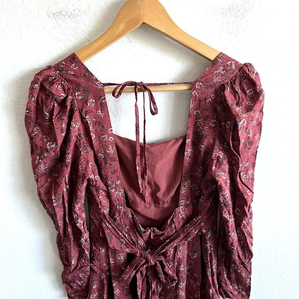 SADIE & SAGE Floral Burgundy Ruched Long Sleeve Bodycon Mini Dress Womens Medium - Image 7