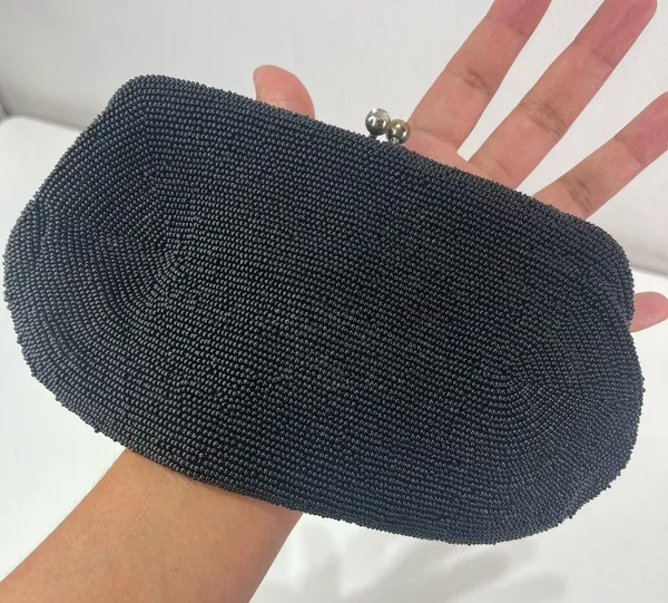 Vtg Beaded Blk Evening Bag Clutch Purse Kiss Lock Hand Made Gypsy Goth Whimsical - Image 2