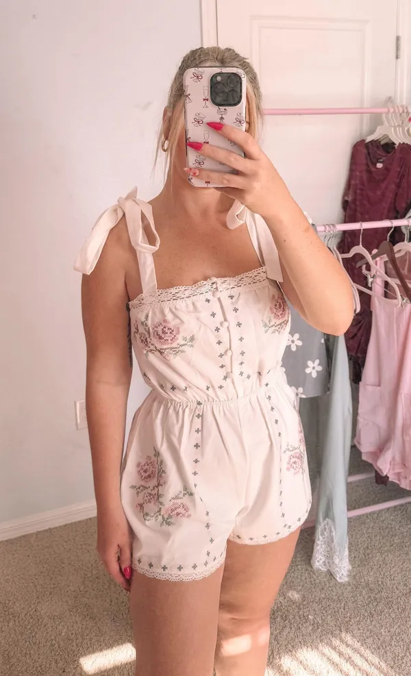 Champagne Sisters Collection Spring White Floral Romper - Image 3