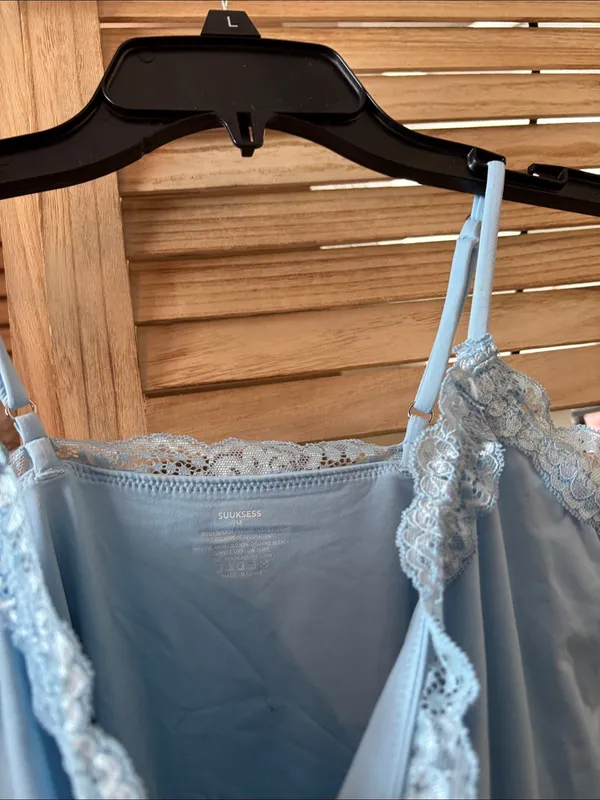 Light Blue Lace Trim Junior Camisole Thong Style Bodysuit Medium NWOT - Image 3