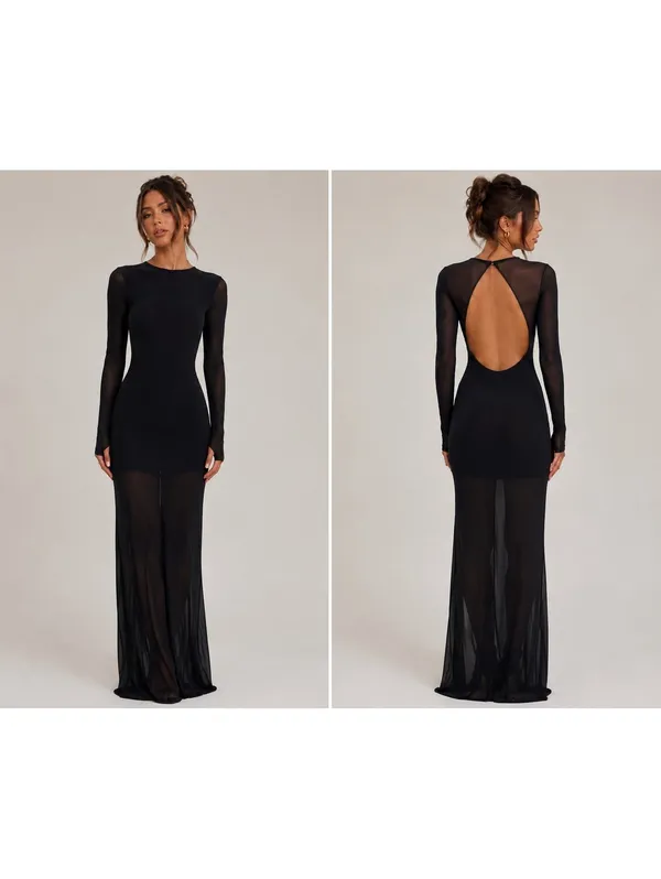 Black Sheer Open Back Whimsigoth Goth Maxi Dress Beach Cover-Up Long Sleeve S - Image 2