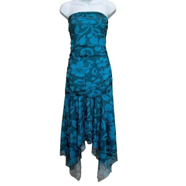 VTG Y2K 90s Sz 10 Asymmetric‎ Dress Fairy Midi HOCO Floral Mesh Strapless Ruffle - Image 2