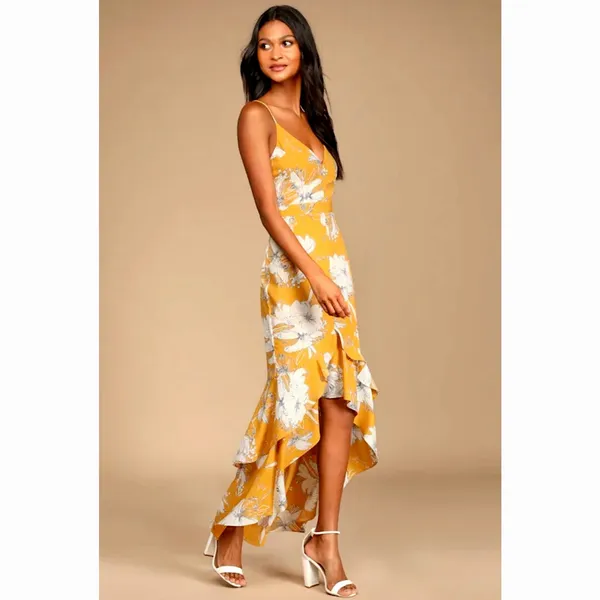 Lulu’s Darling Daylily Mustard Yellow Floral Print High-Low Maxi Dress M - Image 3