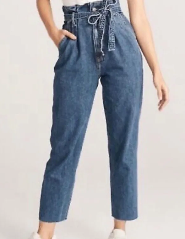 Abercrombie & Fitch Women's High Rise Mom Paperbag Waist Belted Jeans Blue Sz 32 - Image 11