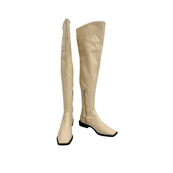 Schutz Guily Up Over The Knee Boots Eggshell Cream Leather‎ Square Toe Women 7.5 - Image 3