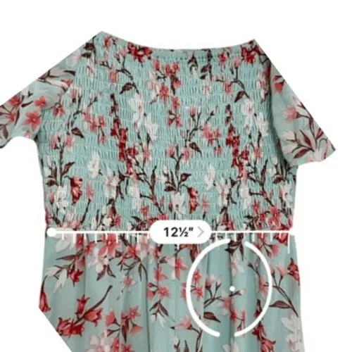 As You Wish Green Floral Chiffon Smocked Asymmetrical Dress LARGE Cottage Flowy‎ - Image 8