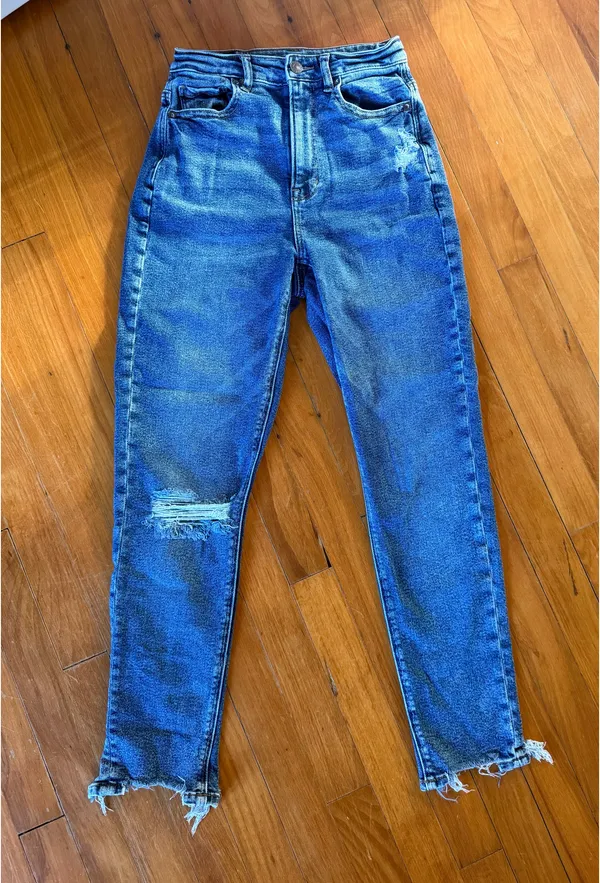 American Eagle Highest Rise Mom Jeans | Size 0R | Distressed Dark Wash Denim - Image 11