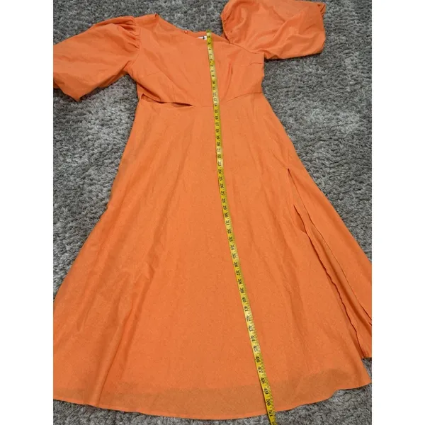 Showpo Rhyne Midi Dress Orange Asymmetric Puff Sleeve Side Cut Out A Line 12 NWT - Image 15