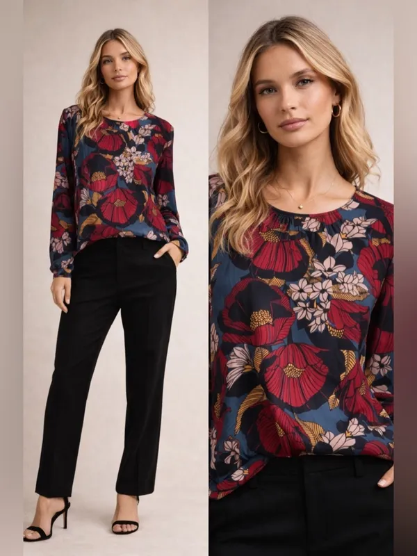 LOFT Top Womens S Multicolor Floral Blouse Boat Neck Tab Sleeve Pullover Woven M - Image 3
