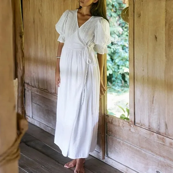 Daughters of India Uma Textured Cotton Wrap Maxi Dress White Size XL - Image 3