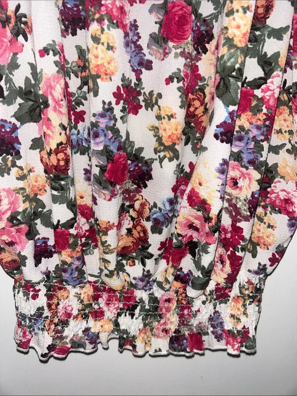 Floral Off-Shoulder Peasant Top - White with Pink & Green Floral Print Medium - Image 4
