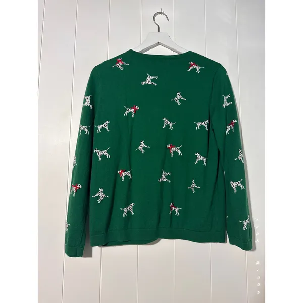 Talbots Petites Womens LP Green Dalmatian Dog Cardigan Cashmere Blend Holiday - Image 2
