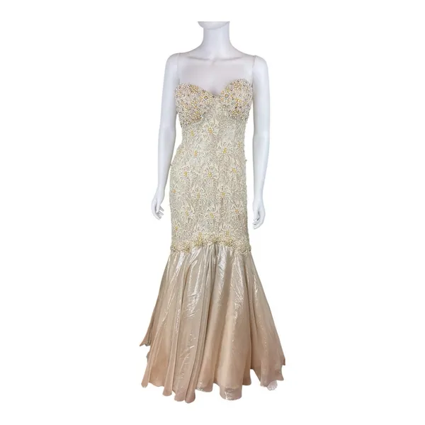 Mac Duggal Couture‎ Beaded Strapless Gown Womens 4 Champagne Lace Mermaid Formal - Image 4