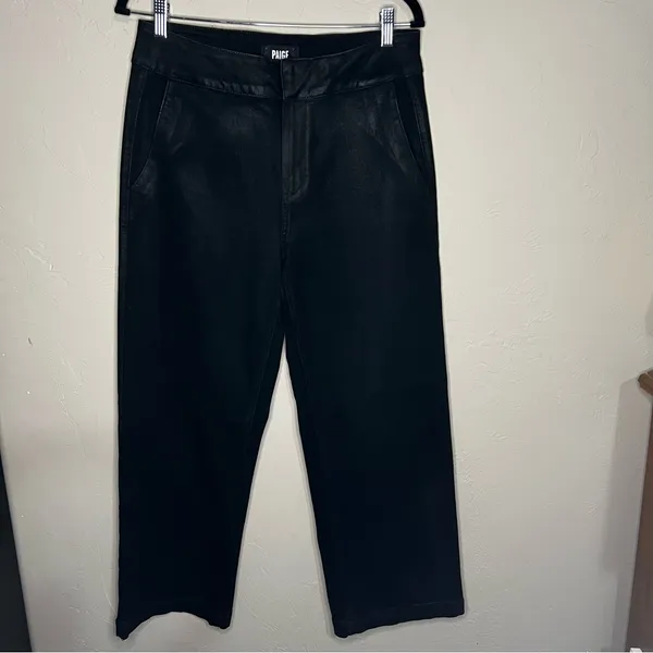 PAIGE Nellie‎ Coated Black High Rise Wide-Leg Cropped Pants - Image 3