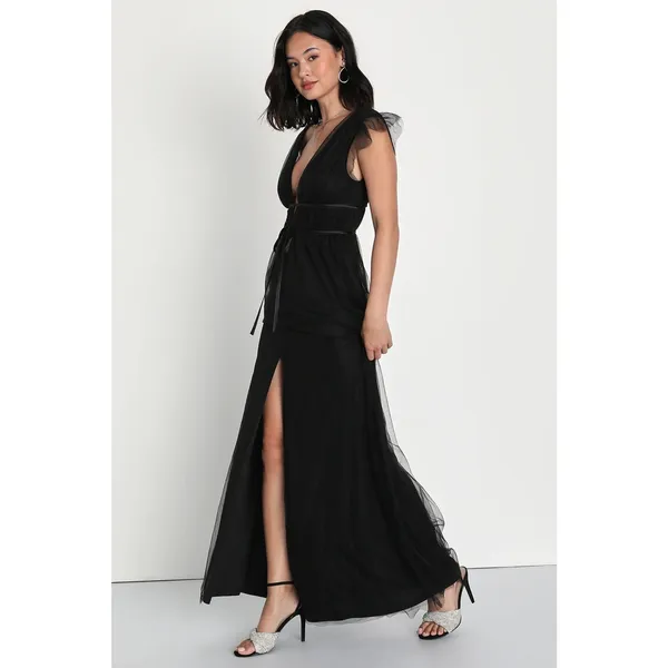 NWT Lulus I'm All Yours Black Tulle Ruffled Maxi Dress Debut Wedding Size XS - Image 3