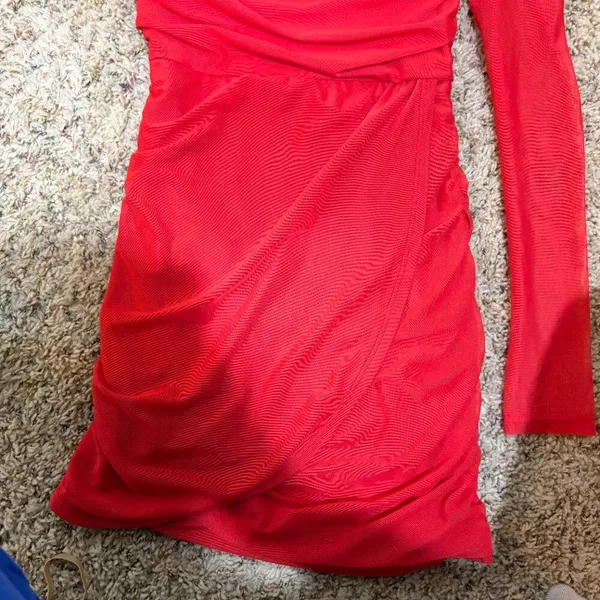 Lucy in the Sky Size S Larissa One Shoulder Long Puff Sleeve Mesh Mini Dress Red - Image 4