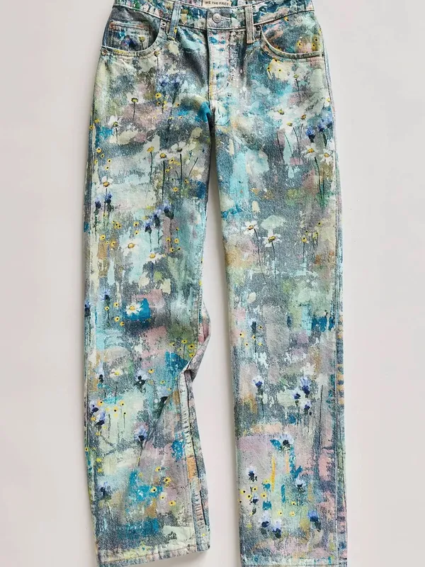 Free People Tennessee Low Rise Illusion Jeans Floral Canvas Paint Splatter - Image 2