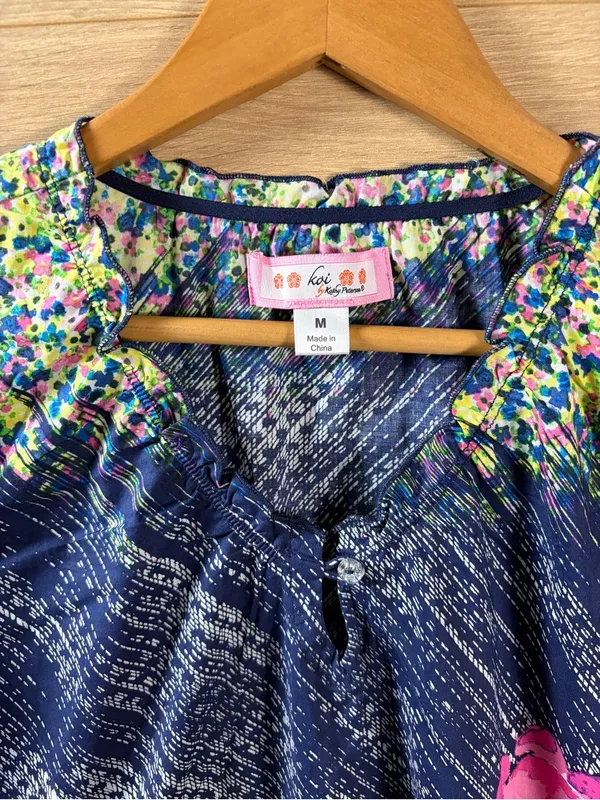 Koi by Kathy Peterson Floral Colorful Cotton Scrub Top Medium - Image 3