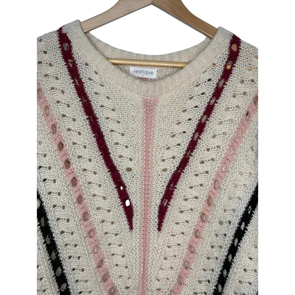 Vestique Sweater Womens Large Cream Multi Stripe Pointelle Knit Oversized Boho‎ - Image 5