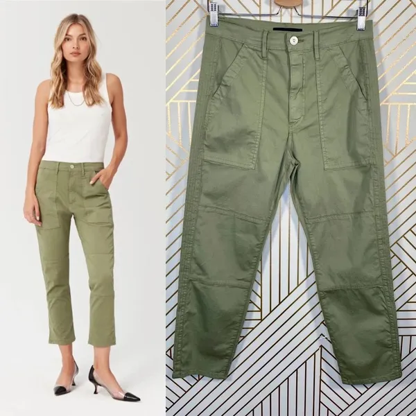 3x1 Simone Trouser Pants Cropped Side Slits Utility Chino Mid Rise Green 26‎ - Image 2