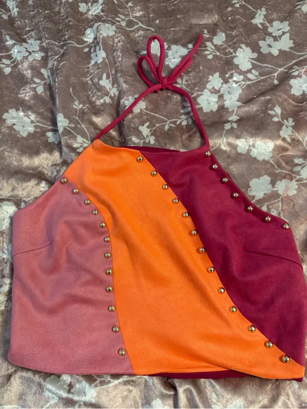 NWOT Blushing Brunette Colorblock Halter Neck Faux Suede Studded Skirt Set Sz XL - Image 9