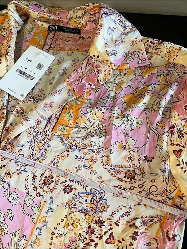 Zara Flowy Satin Button Down‎ Shirt Floral Paisley New Pink Small - Image 10