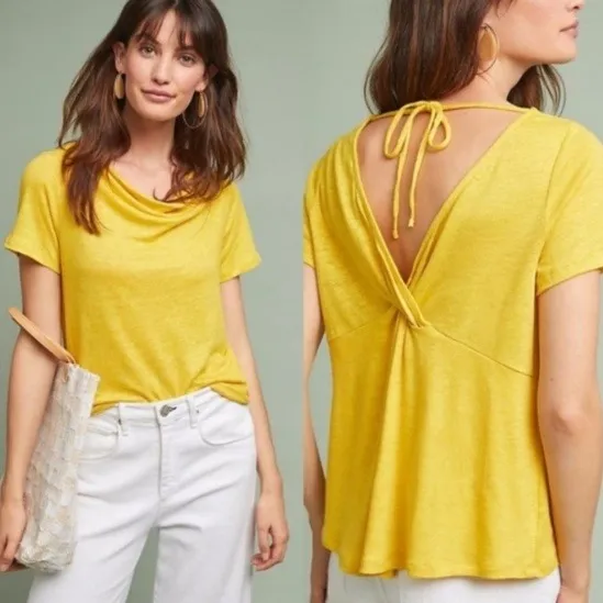 100% Linen Top Women's Medium Mustard Yellow Cowl Neck‎ Tie Back Short Sleeve - Image 2
