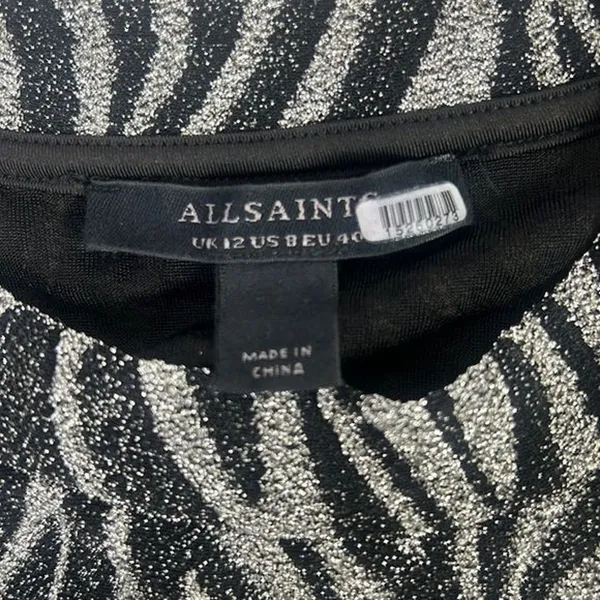 RTR sz 8 all saints Amaya silver black zebra print dress metallic fitted bodycon - Image 7