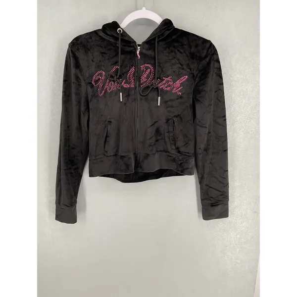Von Dutch Women Hoodie Black Velour Pink Rhinestone Logo Medium - Image 2