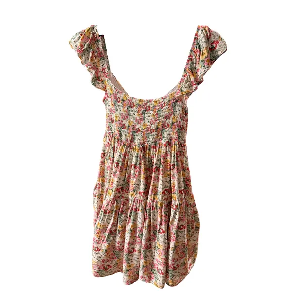 In February Floral Smocked Mini‎ Dress Small Ruffle Sleeve Tiered Rayon 1088D - Image 3