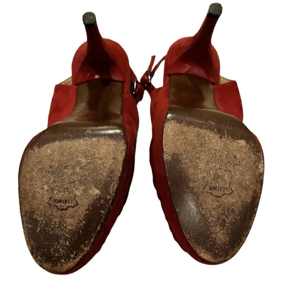 Burgundy Red Pleated Suede Peep Toe Platform Slingback Pumps 8M - Image 10