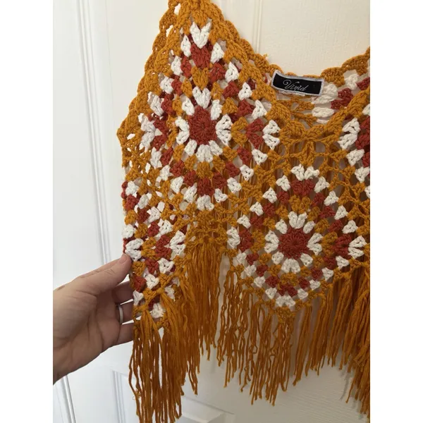 Granny Square Crocheted Crop Fringe Top S/M Boho Festival Hippie Granola - Image 3