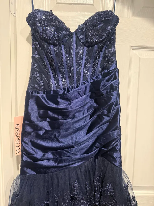 Navy Blue Strapless Sweetheart Mermaid Pleated Layered Long Prom Dress With Slit - Image 5
