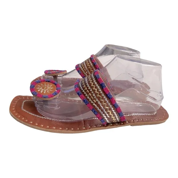 Kolhapuri Chappals Hand Embroidered Leather Flat Sandals Toe Ring 9 Brown - Image 3