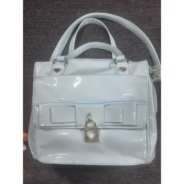 Betsey Johnson Blue Patent Satchel Handbag Bow Heart Lock Y2K Shoulder Bag - Image 7